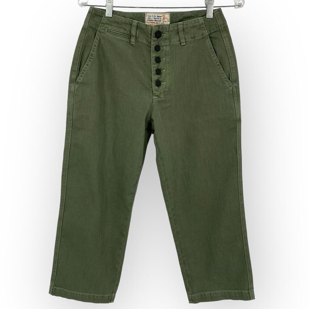 FREE PEOPLE X SANDRINE ROSE NWT Army Green Button Fly Capri Pants Size Small